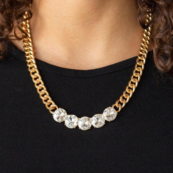 paparazzi Jewelry - PAPARAZZI Rhinestone Renegade Gold & WhiteRhinestone Necklace/EARR…